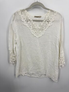 Vanessa‎ Alexandra Off White Linen Tunic Top White Crochet Trim sz L